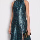 Prada Blue & Green Metallic Sleeveless Midi Dress with Floral Prints Size IT 40 (UK 8)