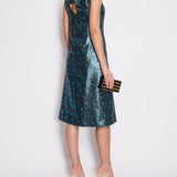 Prada Blue & Green Metallic Sleeveless Midi Dress with Floral Prints Size IT 40 (UK 8)