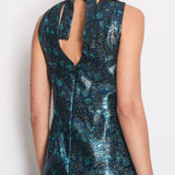 Prada Blue & Green Metallic Sleeveless Midi Dress with Floral Prints Size IT 40 (UK 8)