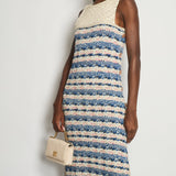 Chanel 15C Pink, Blue & Cream Crochet Midi Dress With Metallic Thread Detail and Decorative Buttons Size FR 40 (UK 12)