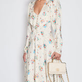 Paco Rabanne Cream Floral Long-Sleeve V-Neck Midi Dress with Button Detail Size FR 40 (UK 12)