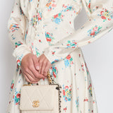 Paco Rabanne Cream Floral Long-Sleeve V-Neck Midi Dress with Button Detail Size FR 40 (UK 12)