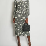 Alessandra Rich Black, White Floral Midi Dress with White Lace Collar, Crystal Pearl Button Detail Size IT 42 (UK 10)