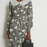 Alessandra Rich Black, White Floral Midi Dress with White Lace Collar, Crystal Pearl Button Detail Size IT 42 (UK 10)