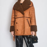 Rotate Brown Faux Shearling Double Breasted Tassel Pea Coat Size XS (UK 6/8)