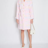 *SUPER HOT* Chanel Resort 2024 Pink & White Robe Coat with Belt & Multi-Coloured Chanel Logo Details Size FR 36 (UK 8)