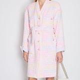 *SUPER HOT* Chanel Resort 2024 Pink & White Robe Coat with Belt & Multi-Coloured Chanel Logo Details Size FR 36 (UK 8)