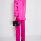 Tom Ford Fuschia Pink Oversized Silk-Blend Satin Blouse and Trouser Set with Velvet Elasticated Waistband Size IT 40 (UK 8)