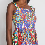 Dolce & Gabbana Blue Sicilian Print Strap Midi Dress with Embellished Button Detail Size IT 42 (UK 10)