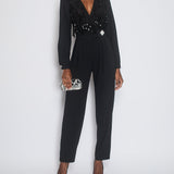 Alessandra Rich Black Long-Sleeve Jumpsuit With Shoulder Pads And Lace & Sequin Floral Details Size FR 38 (UK 10)