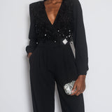 Alessandra Rich Black Long-Sleeve Jumpsuit With Shoulder Pads And Lace & Sequin Floral Details Size FR 38 (UK 10)