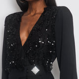 Alessandra Rich Black Long-Sleeve Jumpsuit With Shoulder Pads And Lace & Sequin Floral Details Size FR 38 (UK 10)