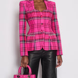 Area Hot Pink & Black Checked Blazer with Cut-Out Detail & Crystals Embellishments Size US 6 (UK 10)