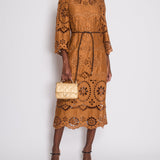 Zimmermann Brown Flared Sleeve Crochet Midi Dress with Leather Belt Detail Size 0 (UK 8)