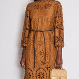 Zimmermann Brown Flared Sleeve Crochet Midi Dress with Leather Belt Detail Size 0 (UK 8)