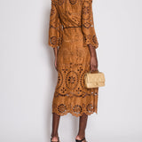 Zimmermann Brown Flared Sleeve Crochet Midi Dress with Leather Belt Detail Size 0 (UK 8)