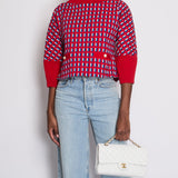 Chanel SS13 Red Knit Jumper with Pearl Pockets & Blue and White Window Detail Size FR 36 (UK 8)