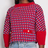 Chanel SS13 Red Knit Jumper with Pearl Pockets & Blue and White Window Detail Size FR 36 (UK 8)