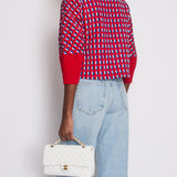 Chanel SS13 Red Knit Jumper with Pearl Pockets & Blue and White Window Detail Size FR 36 (UK 8)