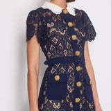 Self-Portrait Navy Short Sleeve Crochet Midi Dress Size UK 6 (US 2)