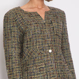 Chanel Khaki Green, Brown and Navy Checked Collarless Tweed Jacket with Front Pocket and Chanel Button Details Size FR 44 (UK 16)