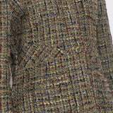 Chanel Khaki Green, Brown and Navy Checked Collarless Tweed Jacket with Front Pocket and Chanel Button Details Size FR 44 (UK 16)