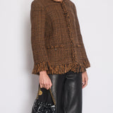 Chanel Brown, Black Checked Tweed Jacket with Frilled Hem and Cuff Details Size FR 46 (UK 18)