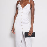 Rasario White Midi Dress with Silver Crystal Buttons and Cross Strap Detail Size FR 36 (UK 8)