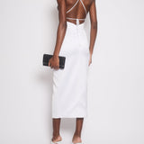 Rasario White Midi Dress with Silver Crystal Buttons and Cross Strap Detail Size FR 36 (UK 8)