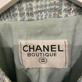 Chanel 1997 Vintage Baby Blue, Brown and White Tweed Jacket with CC Button Details Size FR 36 (UK 8)