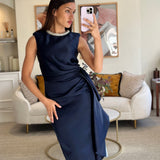 Alexander McQueen Navy Silk Midi Dress with Ruching and Silver Diamante Neck Detail Size IT 38 (UK 6)