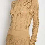 Gabriela Hearst Camel Weider Wool Knit Long Sleeve Midi Dress with Laser Cut-Out Details Size S (UK 10)