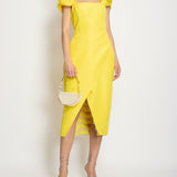 Carolina Herrera Yellow Silk Sleeveless Midi Dress with Embroidery Lining Detail Size US 10 (UK 14)