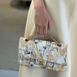 Chanel Peach and White Vintage Coco Print Classic Medium Double Flap Bag in Fabric with Brushed Gold Hardware