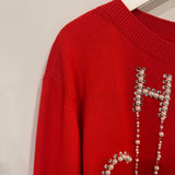 Chanel Red Cashmere Jumper with Pearl Crystal Embellished Logo Size FR 40 (UK 12)