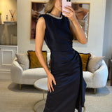 Alexander McQueen Navy Silk Midi Dress with Ruching and Silver Diamante Neck Detail Size IT 38 (UK 6)