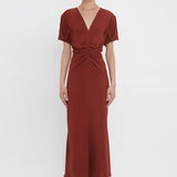 Victoria Beckham - Gathered V-Neck Midi Dress In Russet