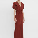 Victoria Beckham - Gathered V-Neck Midi Dress In Russet