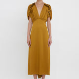 Victoria Beckham - V-Neck Ruffle Midi Dress In Harvest Gold