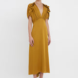 Victoria Beckham - V-Neck Ruffle Midi Dress In Harvest Gold