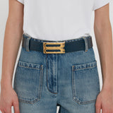 Victoria Beckham - Jumbo Frame Belt In Midnight Blue Croc Embossed Calf Leather