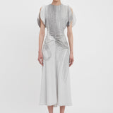 Victoria Beckham - Gathered Waist Midi Dress In Grey Mist-Silver Chain Print