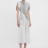 Victoria Beckham - Gathered Waist Midi Dress In Grey Mist-Silver Chain Print