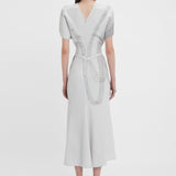 Victoria Beckham - Gathered Waist Midi Dress In Grey Mist-Silver Chain Print