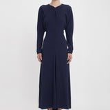 Victoria Beckham - Exclusive Long Sleeve Draped Midi Dress In Ink Blue