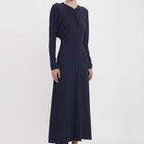 Victoria Beckham - Exclusive Long Sleeve Draped Midi Dress In Ink Blue