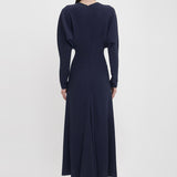 Victoria Beckham - Exclusive Long Sleeve Draped Midi Dress In Ink Blue