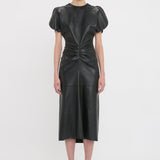 Victoria Beckham - Gathered Waist Midi Dress In Soft Black Leather