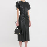 Victoria Beckham - Gathered Waist Midi Dress In Soft Black Leather