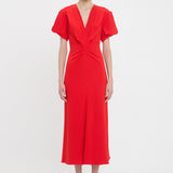 Victoria Beckham - Gathered V-Neck Midi Dress In Tomato